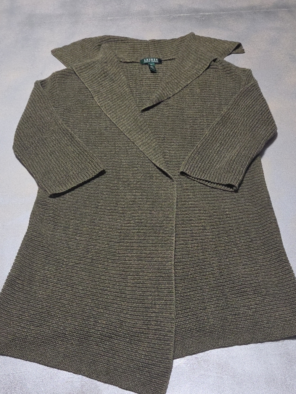 Lauren Ralph Lauren Olive Green Ribbed Shawl-Collar Cardigan 100% Cotton